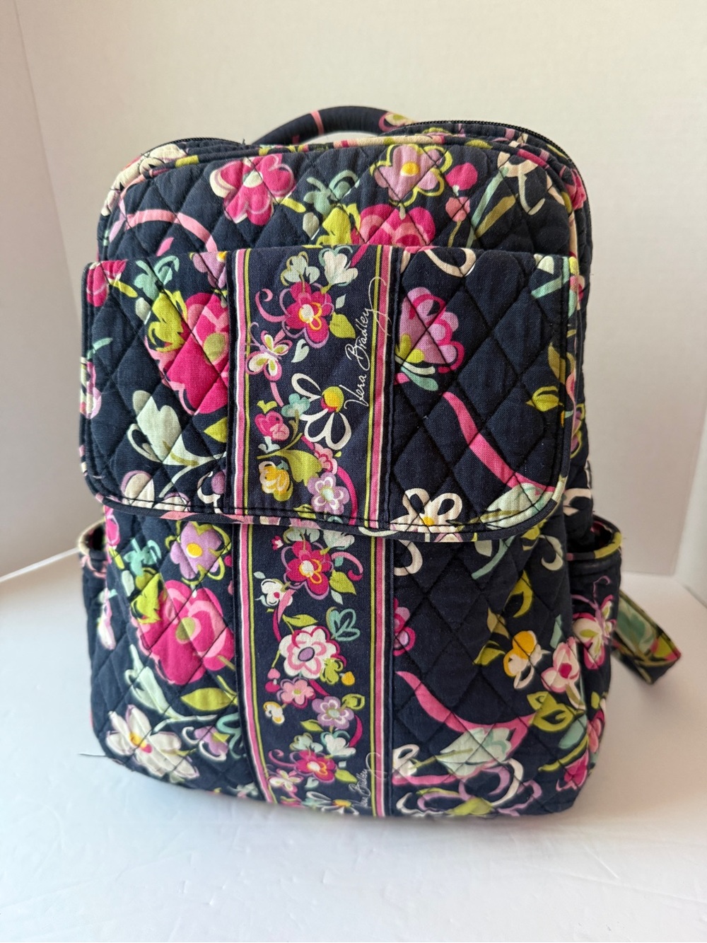 Vera Bradley Navy Quilted Floral Small Backpack w/ Pink & Green Accents